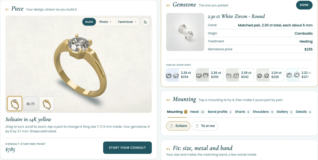 The Caveman Gems builder: a solitaire ring drawn around a matched pair of white zircons, shown in 14K white, 14K rose, platinum, then 14K yellow, beside the gemstone, mounting and fit panels.