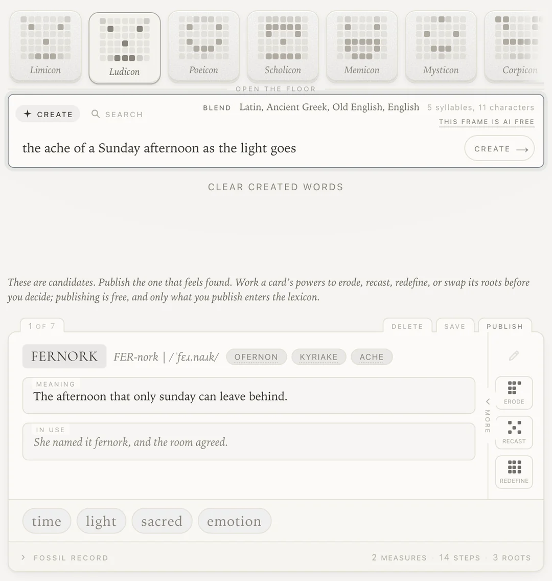 LimIcon: the description &ldquo;the ache of a Sunday afternoon as the light goes&rdquo; typed into the create bar, then the first of seven candidate cards: fernork, pronounced FER-nork, from the roots ofernon, kyriake and ache, meaning the afternoon that only sunday can leave behind.