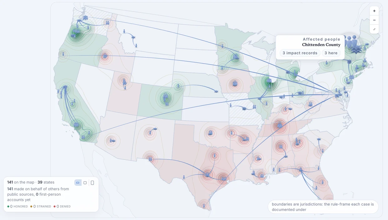 The UnImpact gravity map of the United States: states shaded green and red, arcs running from where decisions were made to where they land, and a county card open on Chittenden County reading 3 impact records.