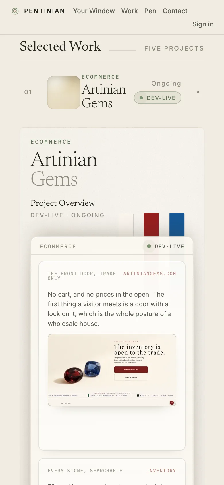 The Selected Work rows on a phone, each project one row with its tags and status.